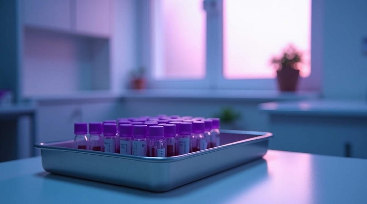 A quiet clinical room at dawn, a clean metal tray with sealed purple-topped blood sample tubes on a white laboratory counter, soft violet ambient light falling through a frosted window onto a calm medical space, small potted plant on the sill, no people visible, no text, no labels, photographic, depopulated healthcare setting