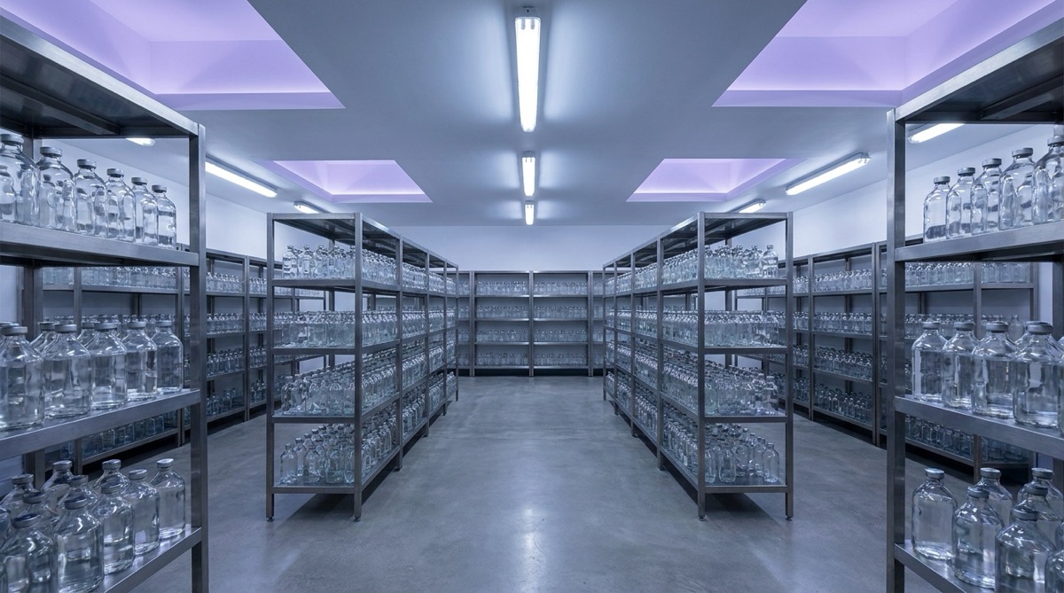 Empty hospital pharmaceutical storage room, neat rows of glass infusion bottles on stainless steel shelving, cool overhead fluorescent lighting with a soft violet ambient glow from recessed panels, no text visible on any bottles or labels, no people, clinical precision, photographic realism, 16:9 landscape composition