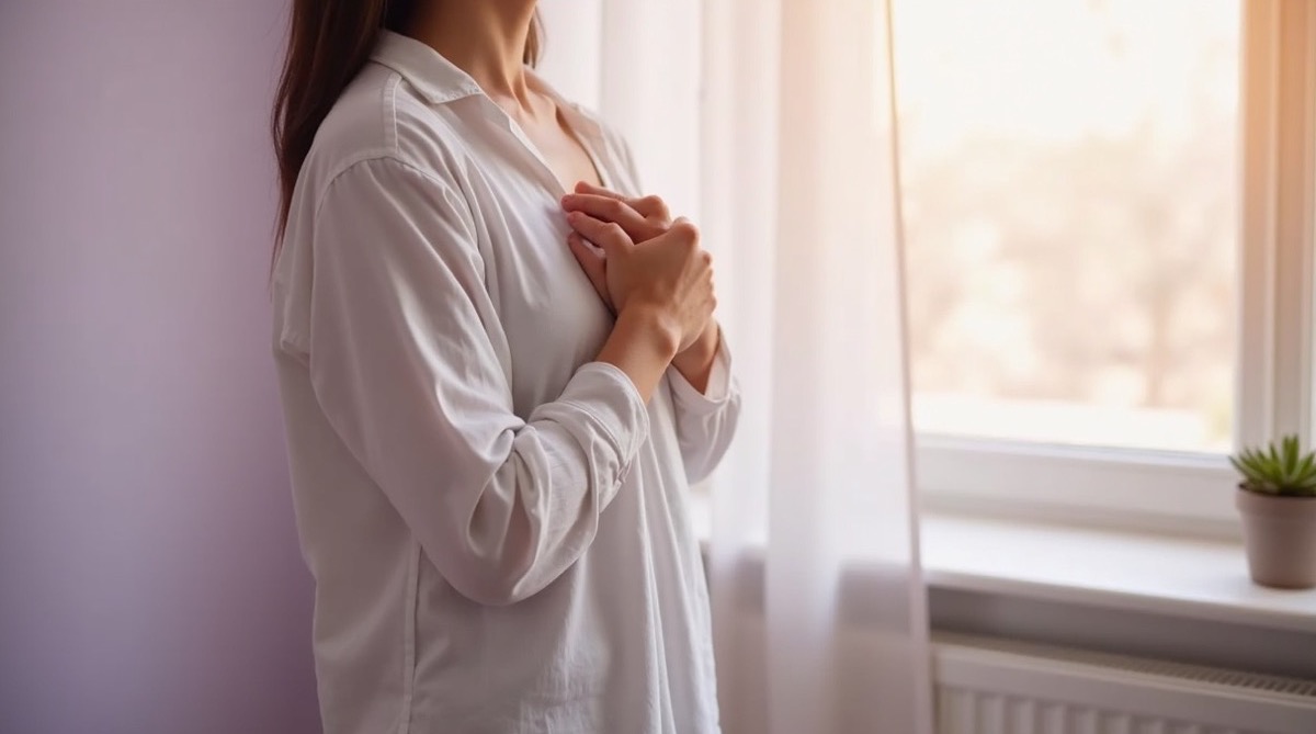 A person's torso and hands visible, face not shown, standing near a large window in soft morning light, wearing a loose white linen shirt, violet ambient light filtering through thin curtains onto pale walls, a small green succulent plant on the windowsill, intimate and calm, no medical devices, no text, photographic depopulated warmth