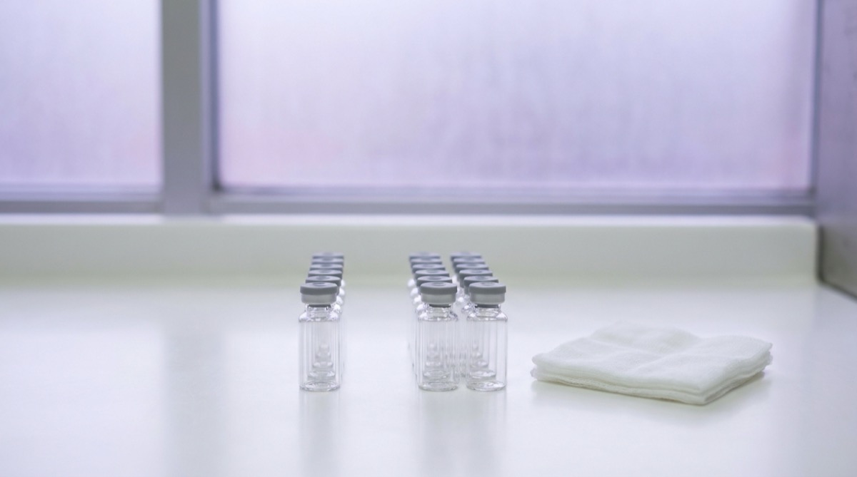 Close-up of a clean hospital pharmacy preparation counter in soft early-morning light, two short neat rows of small clear glass vials with plain neutral rubber stoppers on a smooth white clinical surface, a folded white gauze square resting to one side, diffuse violet ambient light filtering through a frosted window in the background, no labels or text visible on any surface, no people, no active machinery, photographic depth of field, calm ordered clinical atmosphere