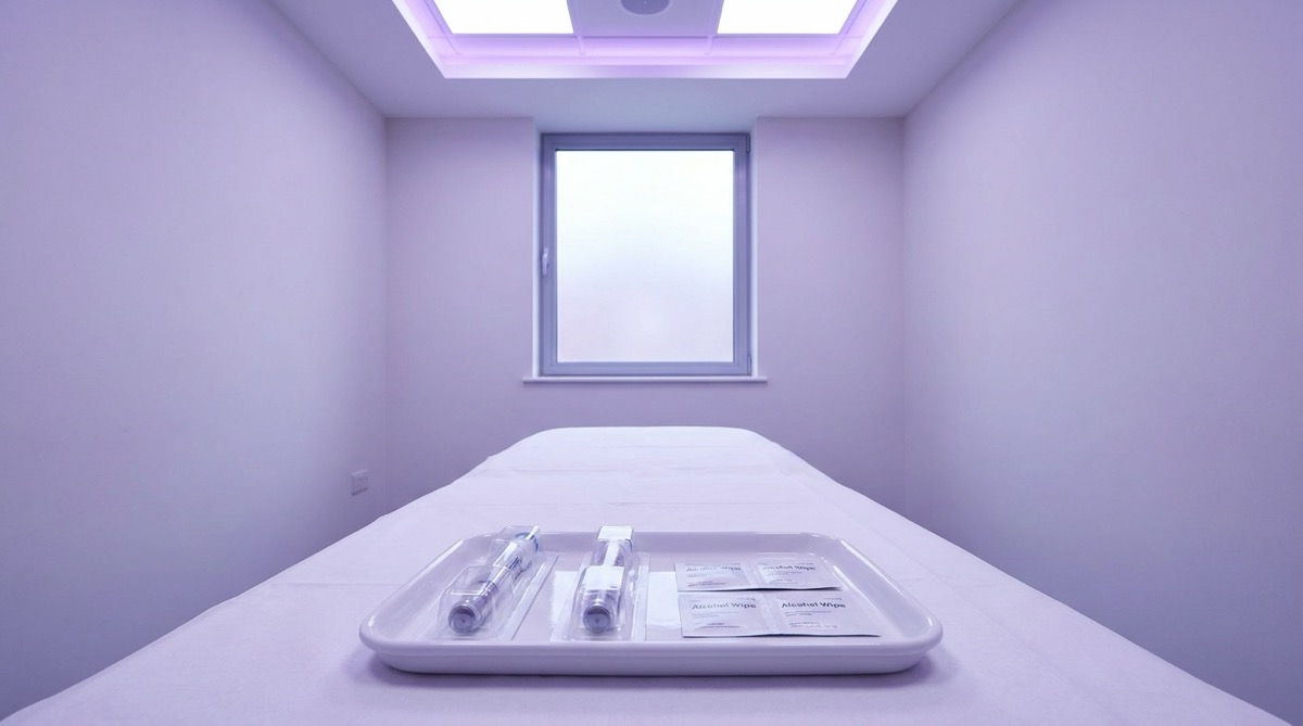 Empty clinical consultation room, a white ceramic tray holding two sterile autoinjector pens in blister packaging and a pair of alcohol wipes on a clean examination table in the foreground, soft violet ambient light from recessed ceiling panels and a frosted window in the background, pale clinical walls, no people, no visible text or labels on any surfaces, photographic realism, depopulated medical still-life