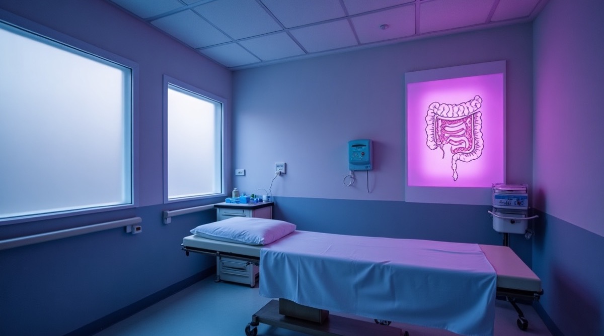 An empty pre-operative hospital consultation room with a glowing anatomical diagram of the colon and small intestine on a wall-mounted light board, soft violet ambient light filtering through frosted glass windows, a cleared examination table with sterile draping folded at one end, no people, no text on surfaces, photographic, depopulated clinical setting