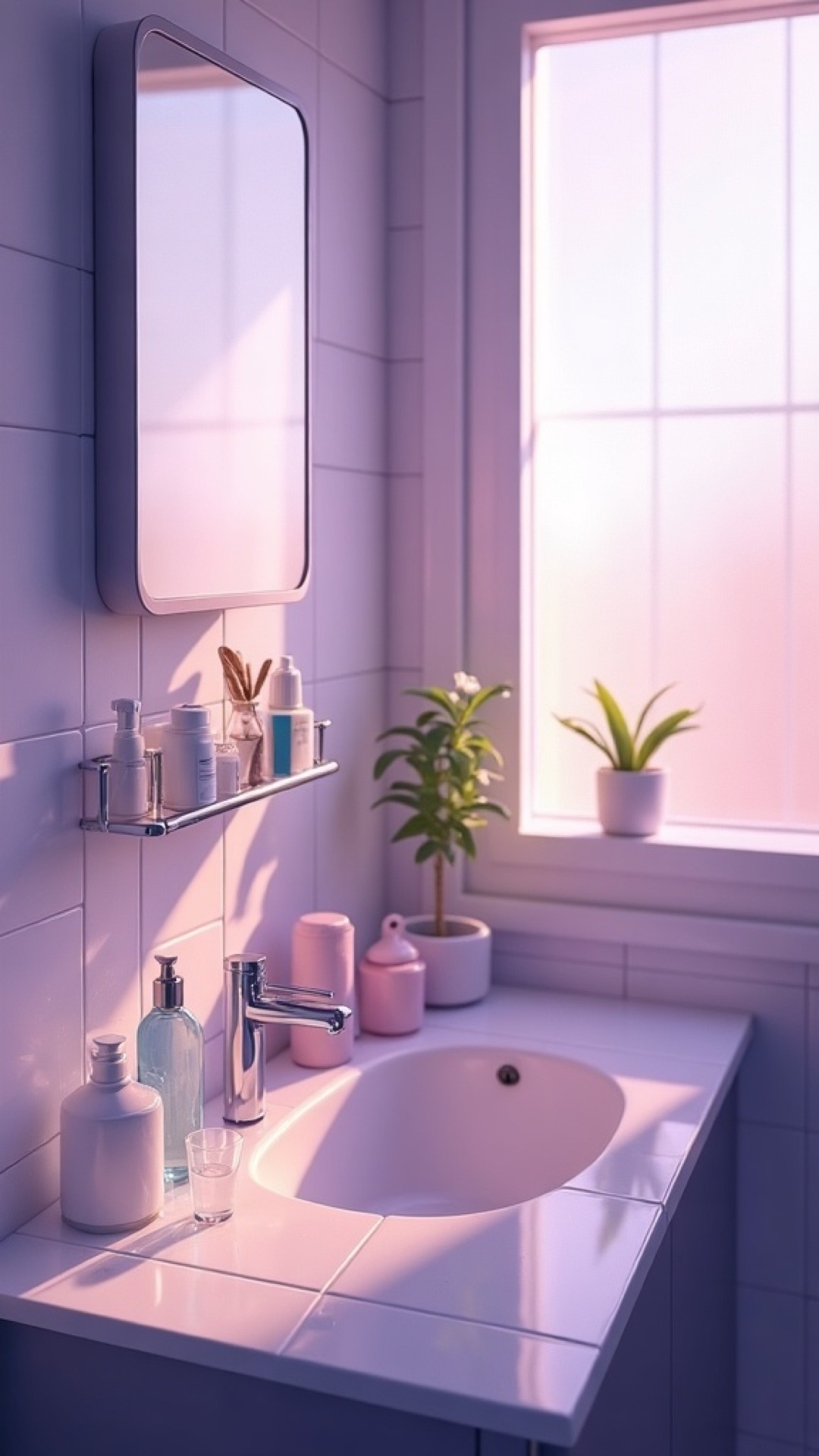 Sunlit home bathroom counter with neatly arranged medical supplies, a glass of water, and a small potted plant, soft violet ambient light from a frosted window, tiled surfaces, no people