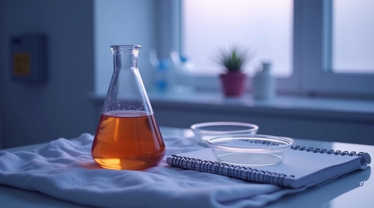 A quiet clinical microbiology laboratory bench at first light, a sterile glass culture flask with amber-tinted growth medium resting on folded white linen beside a closed petri dish, a small spiral notebook at the corner, soft violet pre-dawn light from a frosted window, no people, no faces, no text or labels, photographic realism, depopulated interior still-life