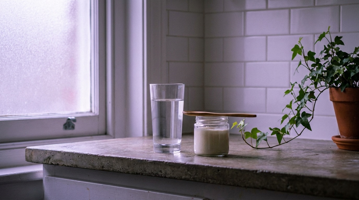 Empty morning kitchen counter with a tall glass of water and a small glass jar with a wooden spoon resting across its rim, trailing ivy plant in a terracotta pot at the edge, soft violet ambient light from a frosted window to the left, white tile backsplash, no people, no text, photographic