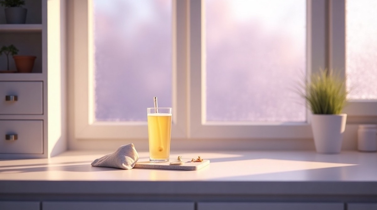 A clean kitchen counter in quiet morning light, a tall glass of pale golden electrolyte drink beside a white cabinet, a small sealed sachet and a measuring cup on the surface, soft violet ambient light through a frosted window, a small potted herb on the sill, no people present, no text, photographic, depopulated domestic setting