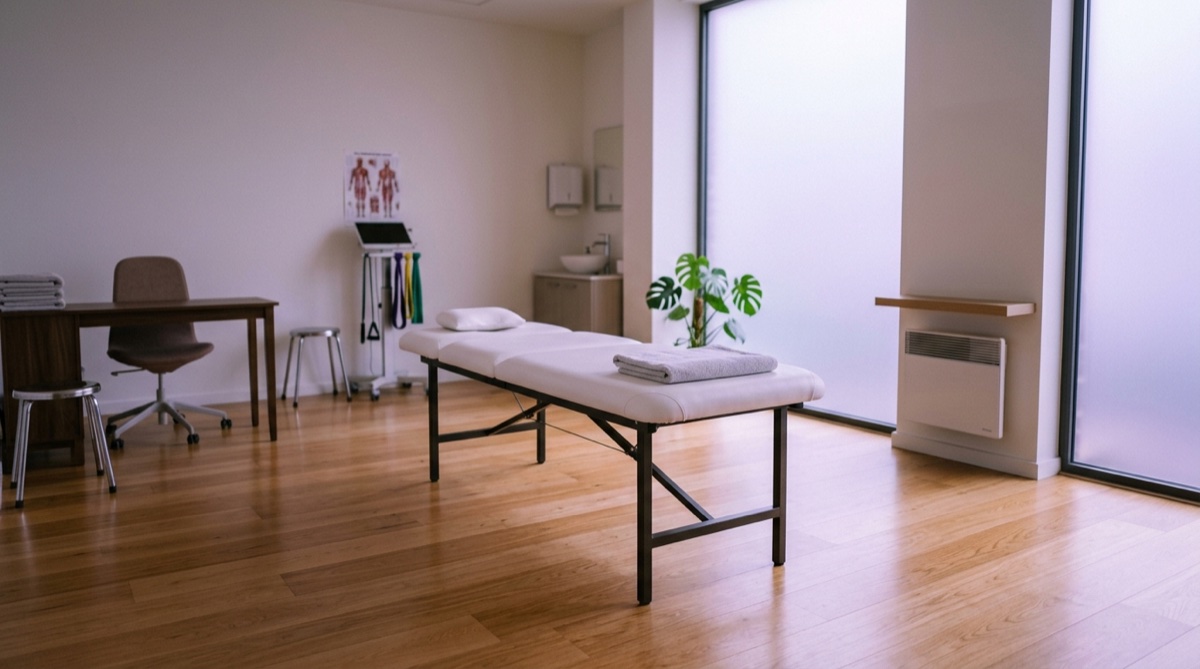 Empty modern physiotherapy consulting room viewed from a low neutral angle, a clean padded examination table in the center, light hardwood floor, large frosted glass window casting diffuse soft violet ambient light across the room, minimal clinical furnishings, calm early morning atmosphere, no people, no text, no labels visible anywhere, photographic quality, shallow depth of field