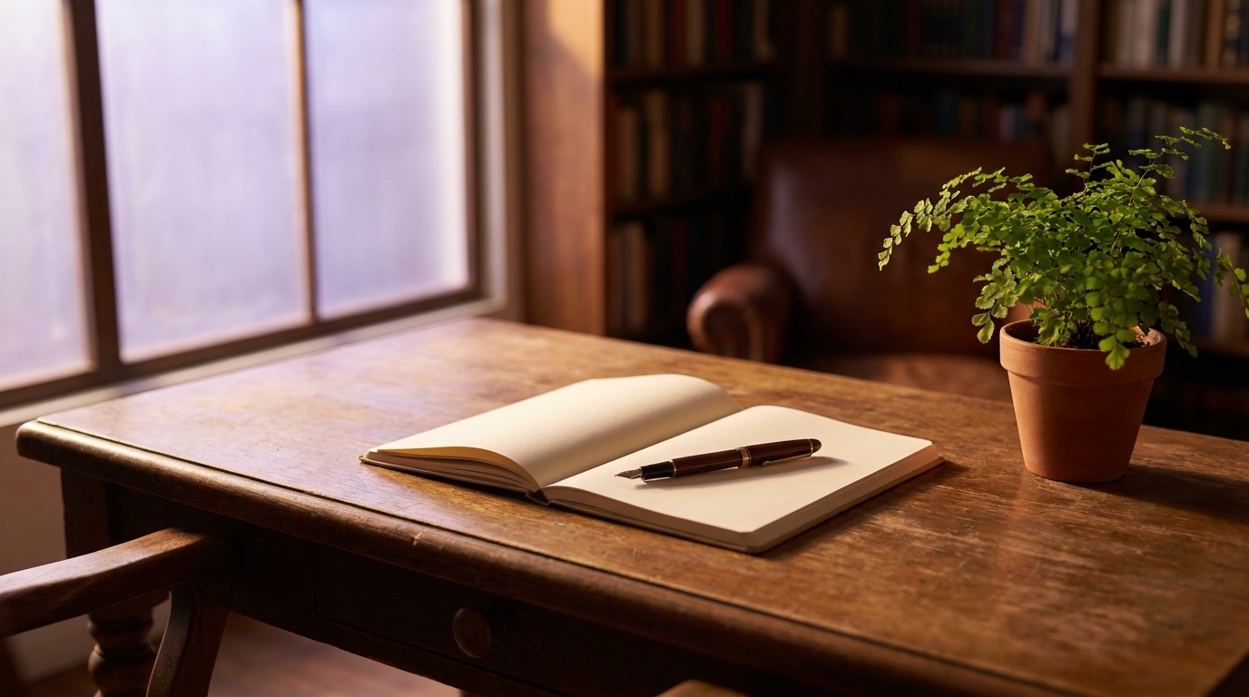 Empty wooden reading desk in a quiet study, an open notebook with a fountain pen resting across it, a small potted fern plant to one side, soft violet ambient light streaming from a frosted window to the left, no people, no legible text visible on notebook pages, photographic
