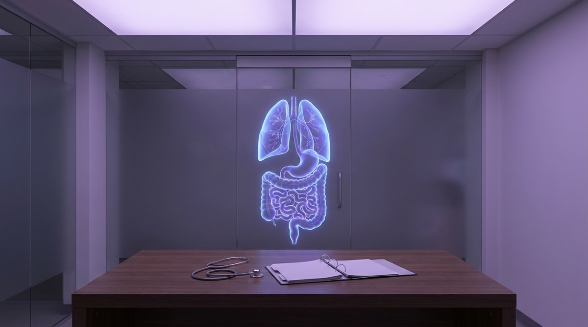 A quiet medical consultation room with a backlit anatomical diagram showing both lung lobes and intestinal structures on a frosted glass partition, a stethoscope coiled on an empty desk beside an open clinical binder, soft violet ambient light from ceiling diffused panels, no people visible, no text on surfaces, depopulated clinical setting, photographic