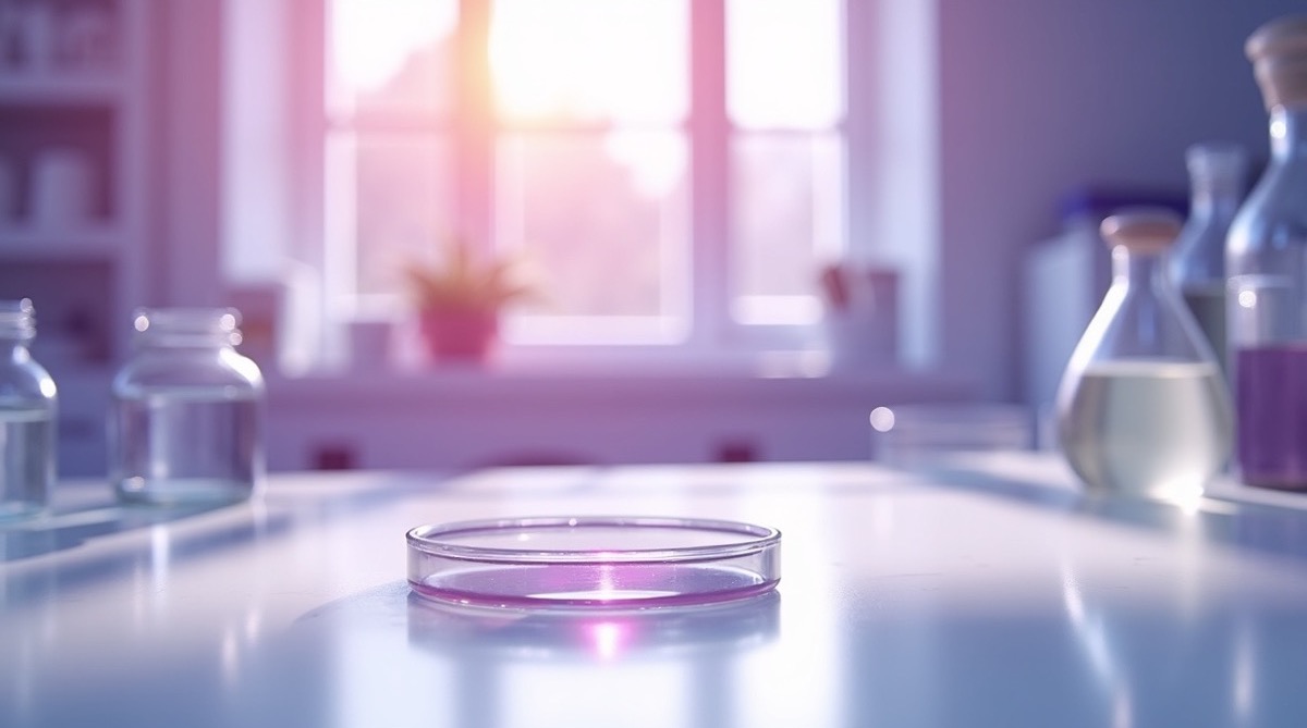 A sunlit microbiology laboratory bench with glass sample jars and an open petri dish on a clean white surface, soft violet ambient light from a nearby window, no people visible, depopulated photographic scene, no text or labels visible