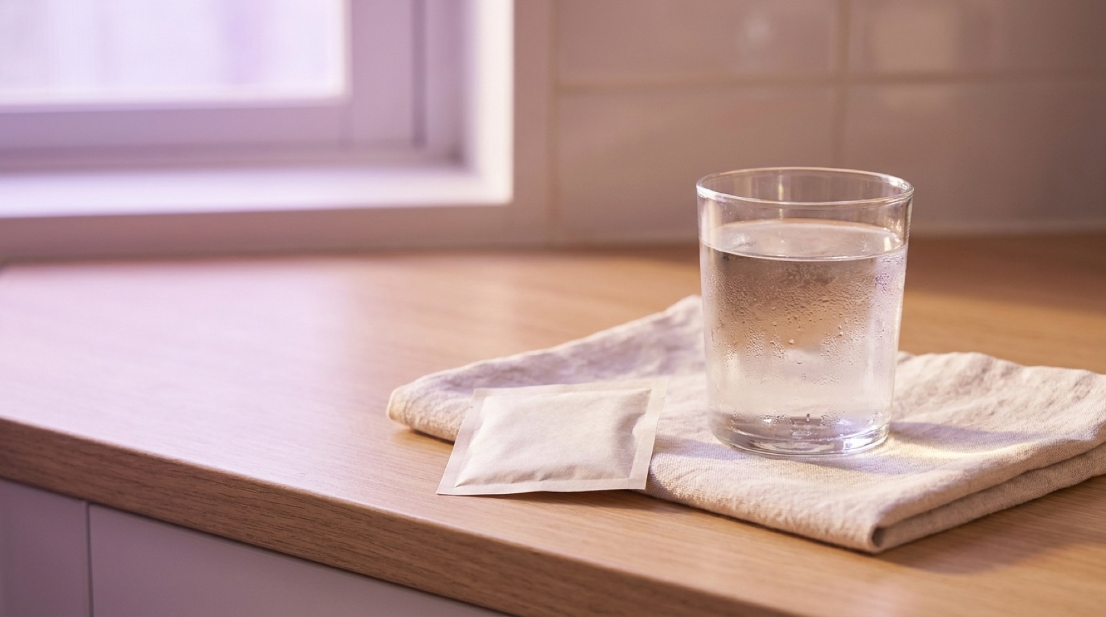 A quiet morning kitchen counter: a tall glass of clear liquid beside a small unopened sachet of electrolyte powder on a pale linen cloth, soft violet ambient light through a window, no people, no hands, no on-image text.