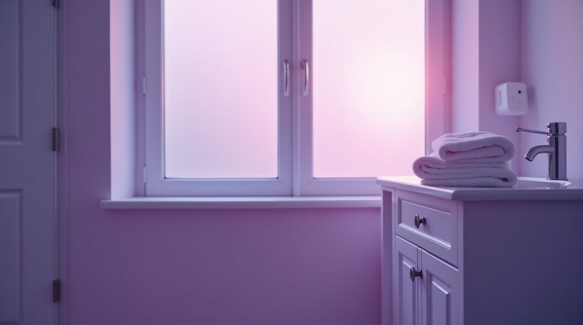 A calm, empty home bathroom with soft morning light through a frosted window, a neatly folded towel and a closed cabinet on a clean surface, gentle violet ambient light, no people present