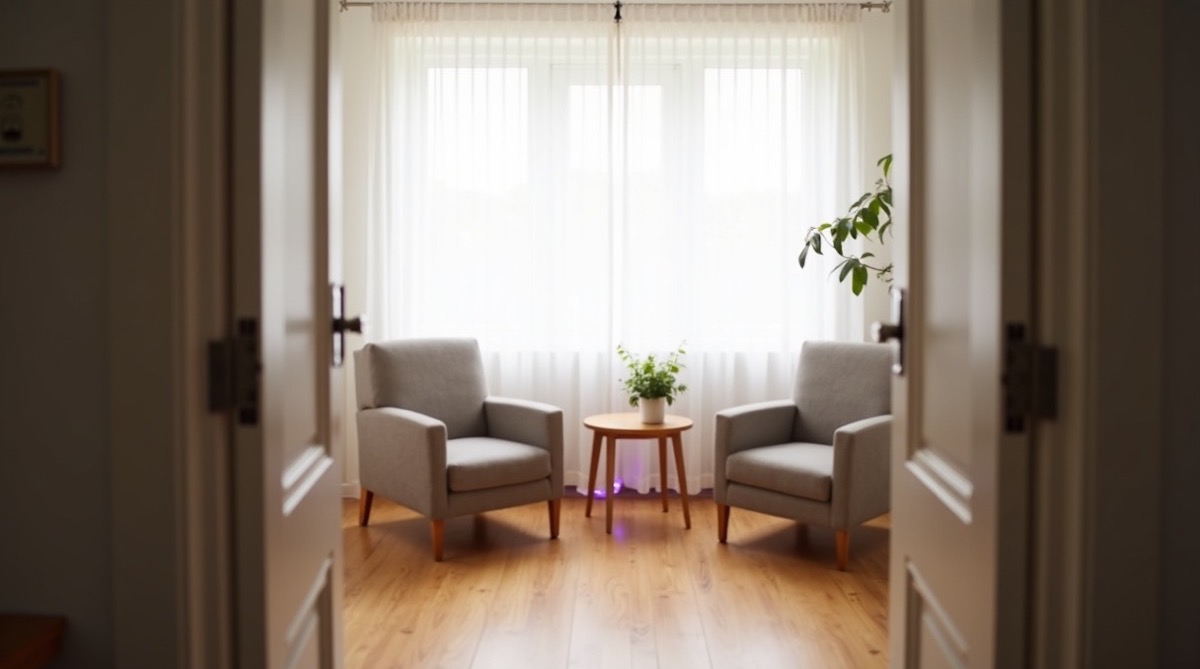 A calm empty therapist consulting room viewed from the open doorway, soft morning light through sheer curtains falling on two upholstered armchairs facing each other across a low wooden table, a small green houseplant in the corner, warm oak flooring, walls painted in a gentle off-white, no people visible, no text or signage anywhere in the frame, a faint violet ambient glow from the window light, quiet and composed atmosphere, photographic quality, interior architecture photography