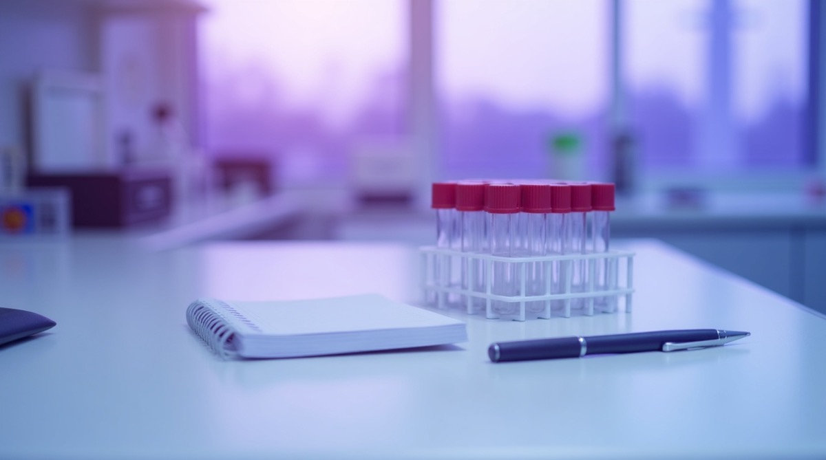 Close-up of a clean laboratory work surface at early morning, a small neat rack of plain glass specimen collection tubes with dark red caps arranged in two rows, a blank open spiral notebook, a simple pen beside it, diffuse soft violet ambient light from a frosted window in the background, immaculate white bench surface, no laboratory analysers or machines visible, no text visible anywhere, no people, photographic quality, shallow depth of field, calm clinical atmosphere