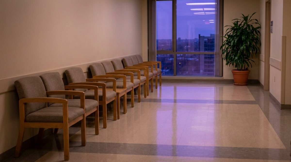 A quiet hospital outpatient corridor at dusk, empty cushioned chairs lined against a pale wall, a large window at the far end casting soft violet ambient light across the floor tiles, potted plant in the corner, no people, no text, photographic, clinical yet warm