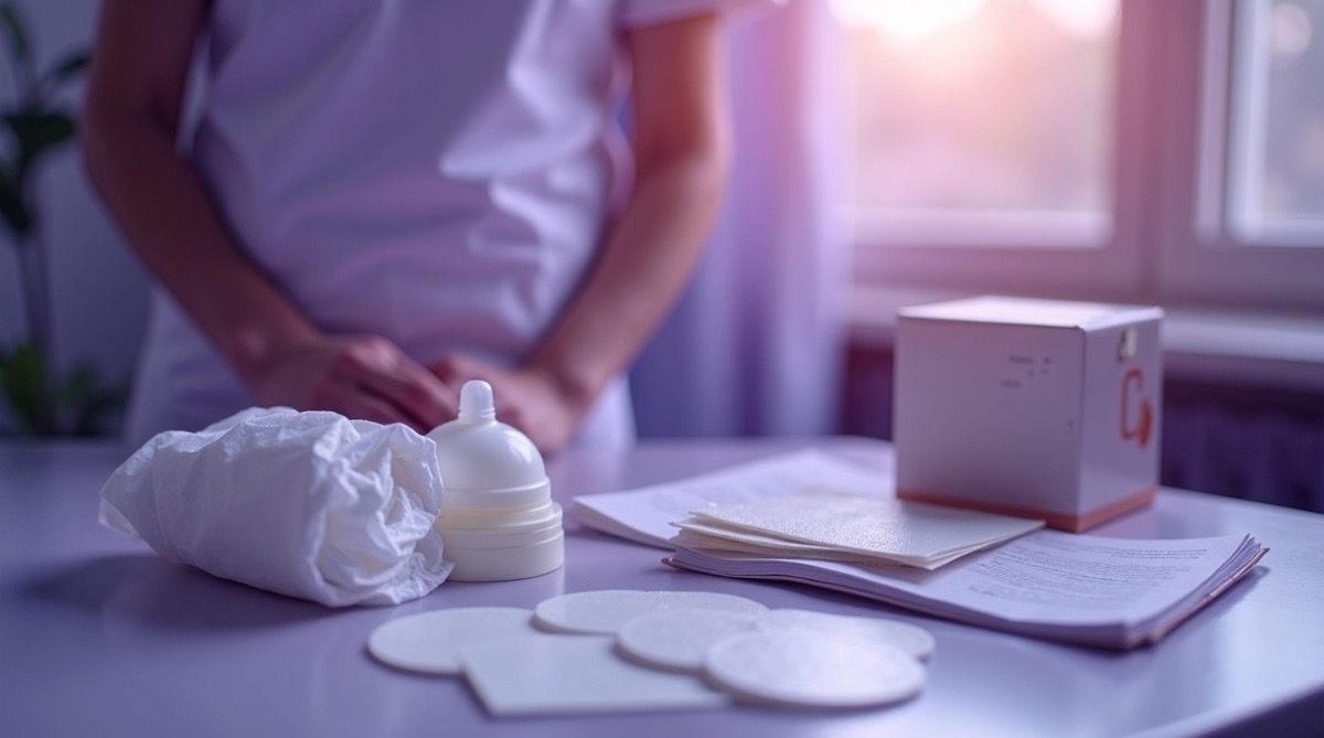 A clinical education table set with neatly arranged stoma care supplies including barrier wafers, pouches, and skin wipes, soft violet ambient light filtering through a nearby window, no person visible, depopulated photographic scene, no readable text, no brand logos