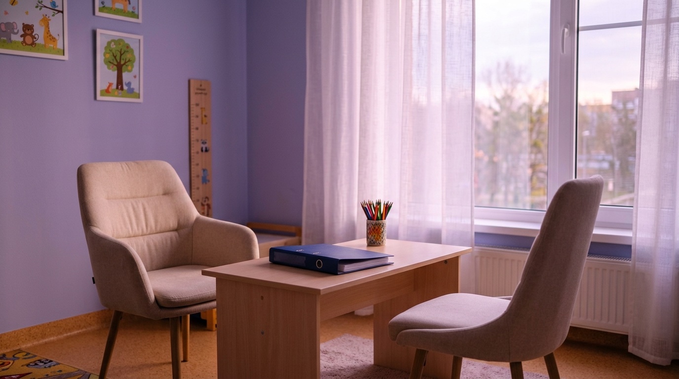 Empty paediatric hospital consultation room, two padded chairs and a low desk with a closed binder and a cup of pencils, large window with sheer curtains letting in natural afternoon light with a soft violet ambient cast, no people, no visible text, photorealistic documentary style, clean and warm