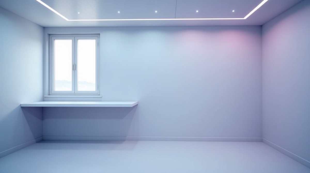 An empty modern colorectal surgery consultation room, clean pale grey walls, a window casting cool natural daylight across a bare clinical desk, soft brand violet ambient glow from recessed ceiling strips, no people visible, no text on any surface, depopulated, photographic