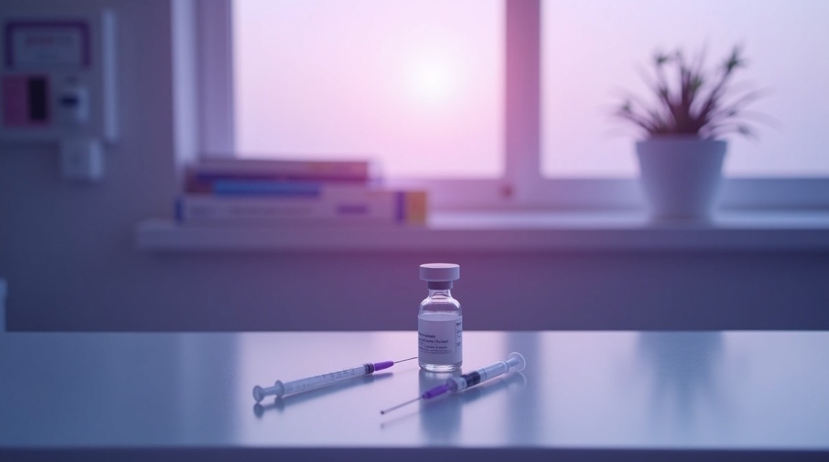 A calm community clinic room at dawn, a clean white counter holding a single sealed single-dose vial and an unopened syringe in sterile packaging, soft violet ambient light falling through a frosted window, a small potted plant on the sill, no people visible, no text, no labels, photographic, depopulated healthcare setting