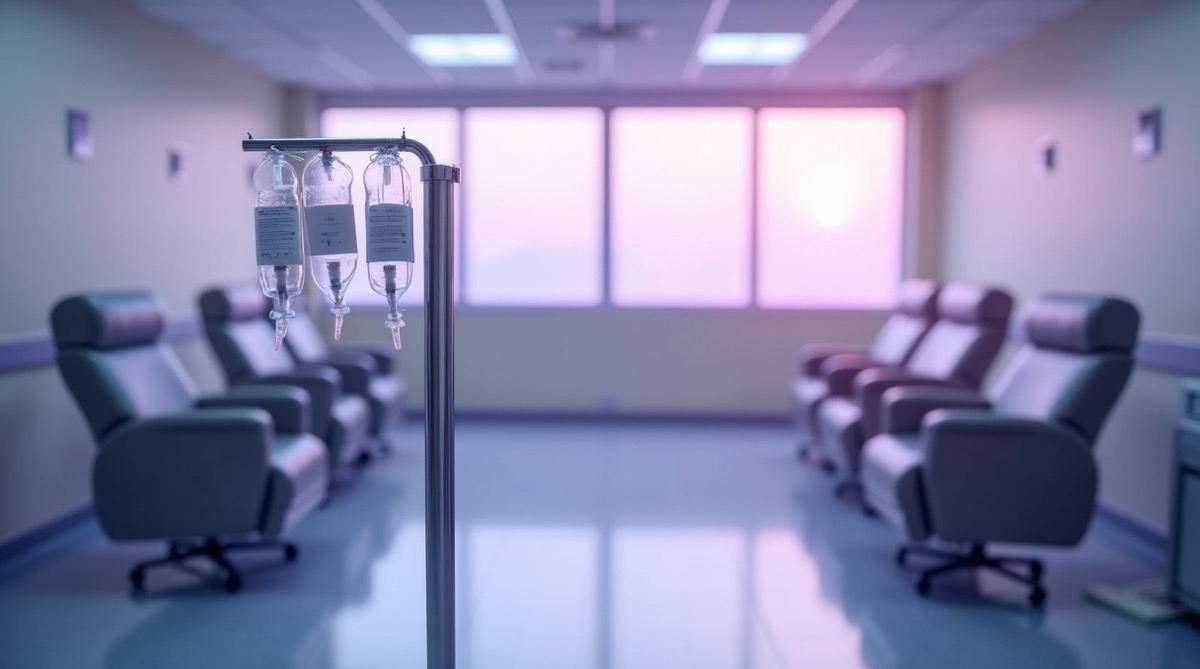 Empty hospital infusion suite at dawn, a tall chrome IV drip stand holding clear bags in the foreground, clinical recliner chairs arranged at intervals along a pale wall, soft violet ambient light from recessed ceiling panels and a frosted window, no people, no text or labels on any surfaces, photographic realism, depopulated interior still-life