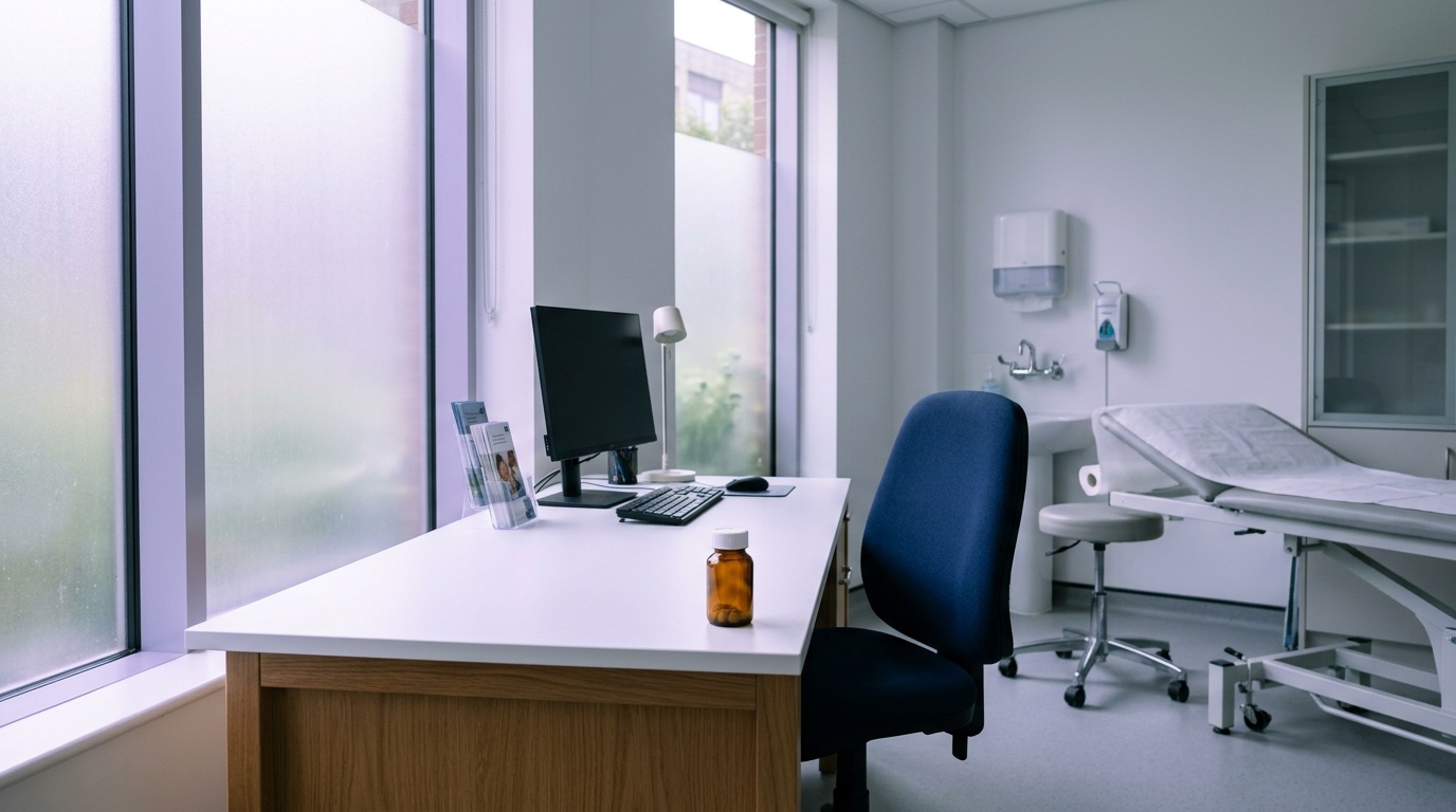 Empty hospital consultation room with a clean white desk near a tall frosted window, small amber glass pill bottle resting on the desk surface, soft violet ambient light diffused through frosted glass, no people